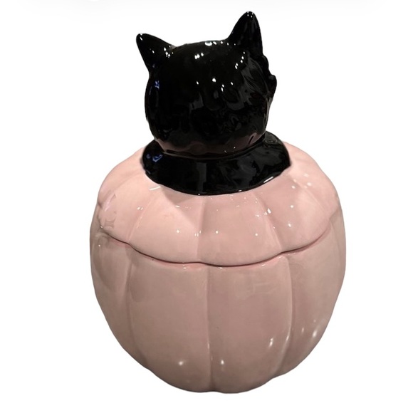 ©️Cobwebs & Cauldrons Pink jack-o-lantern pumpkin canister with black cat topper - Picture 2 of 9